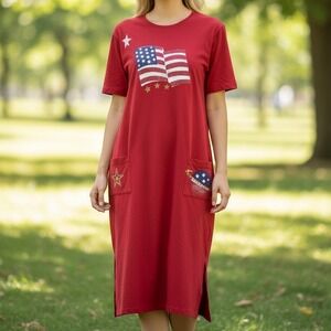 Cover Charge Vintage USA Made Red Patriotic American Flag Maxi Dress Womens M